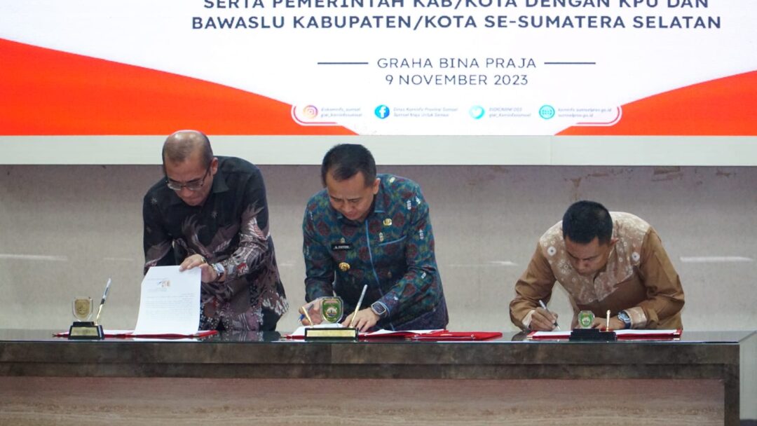 Pemerintah Provinsi, Kabupaten dan Kota Se-Sumsel Serentak Tandatangani NPHD Dana Pilkada