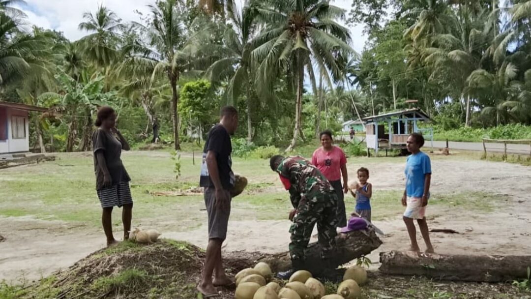 Wujud Nyata Kemanunggalan TNI-Rakyat, Babinsa Warsa Bantu Warga Kupas Kelapa