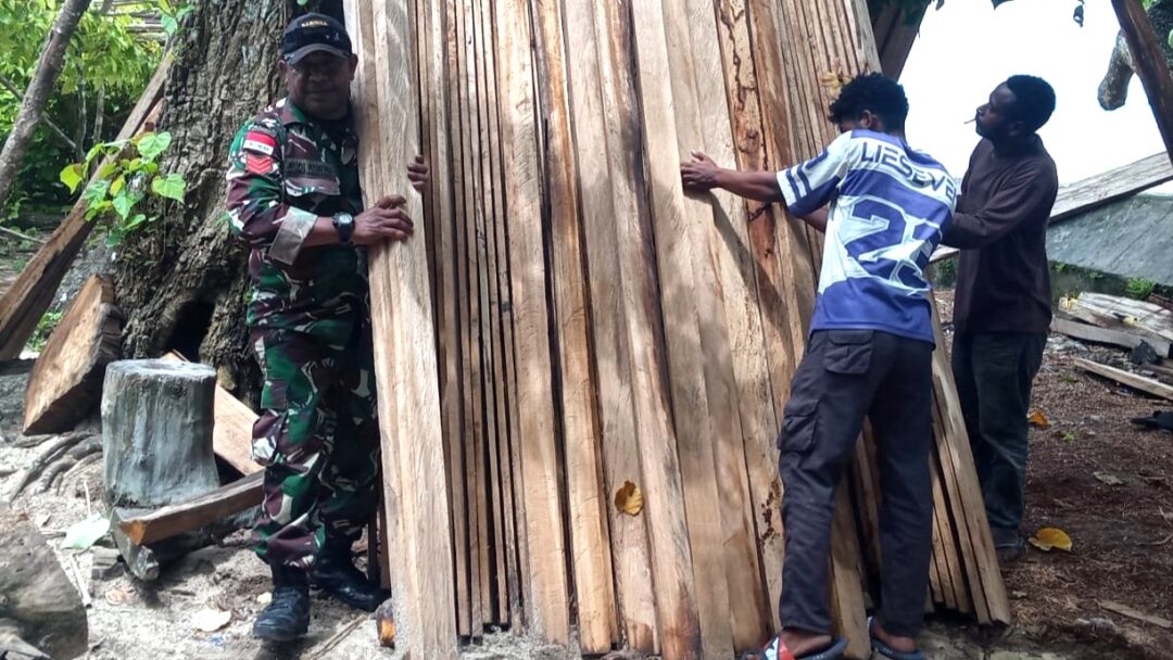 Sinergi TNI-Rakyat, Babinsa Numfor Bantu Angkat Kayu untuk Pembangunan Rumah Warga