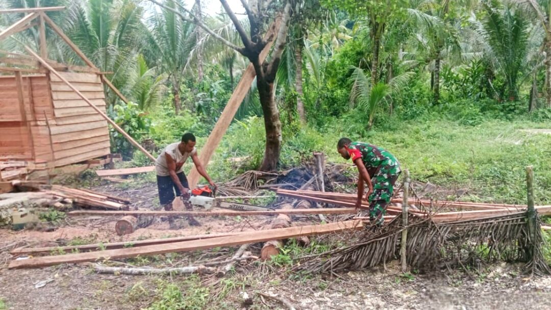 Babinsa Biak Barat Bantu Pembangunan Rumah Warga di Swandiwe