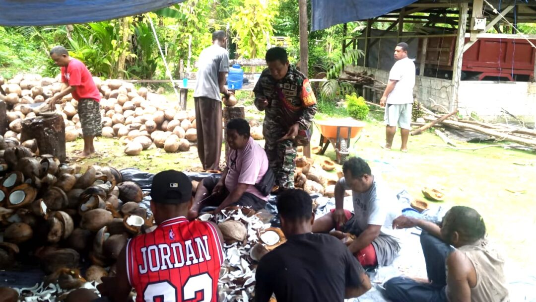 Dukung Ekonomi Warga, Babinsa Numfor Dampingi Pengolahan Kopra