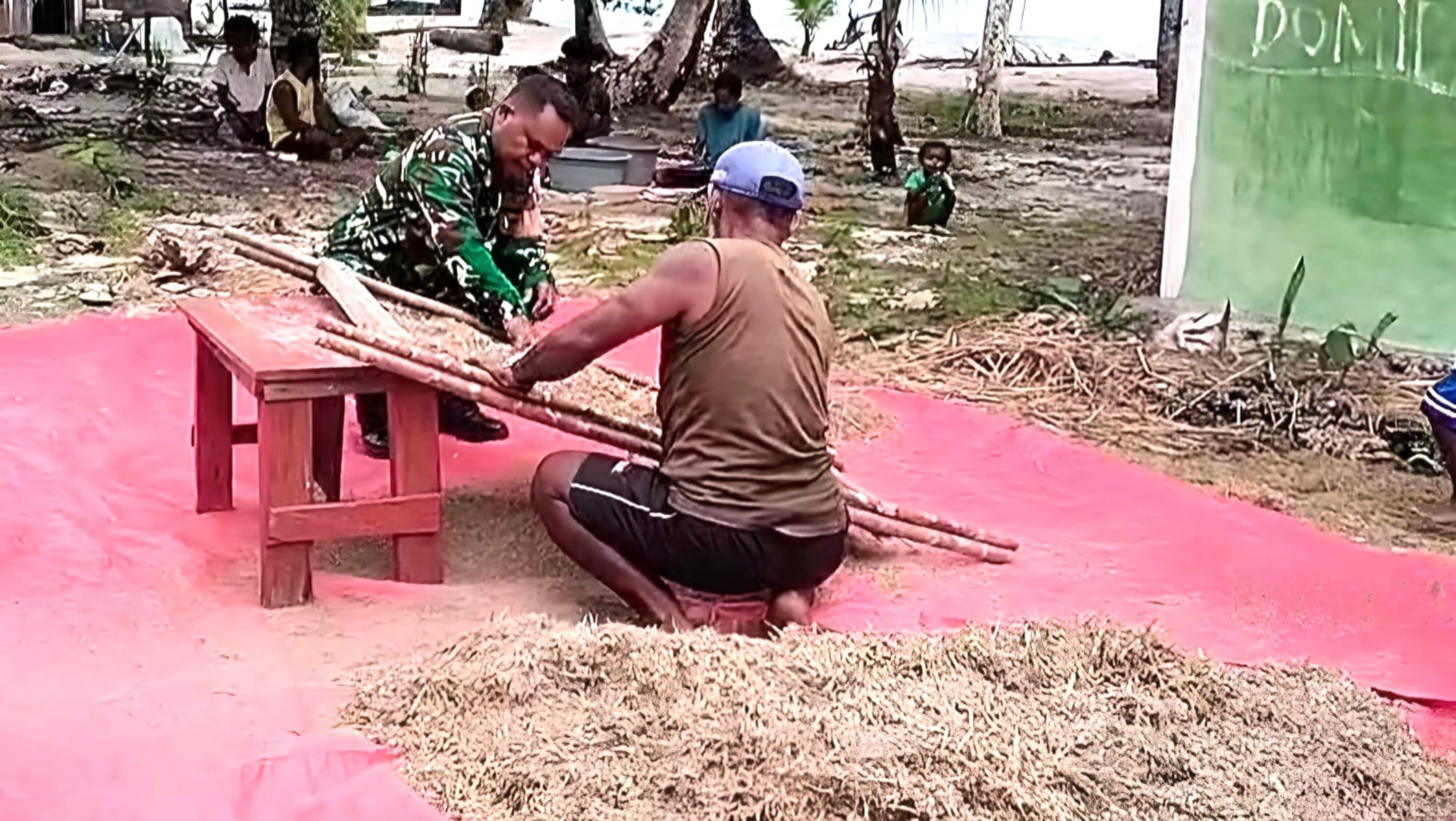 Aksi Nyata Babinsa Supiori Bantu Petani Bersihkan Padi dari Jerami