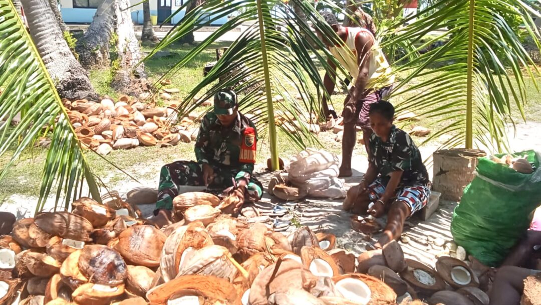 Babinsa Koramil Supiori Utara Bantu Warga Olah Kelapa Menjadi Kopra 
